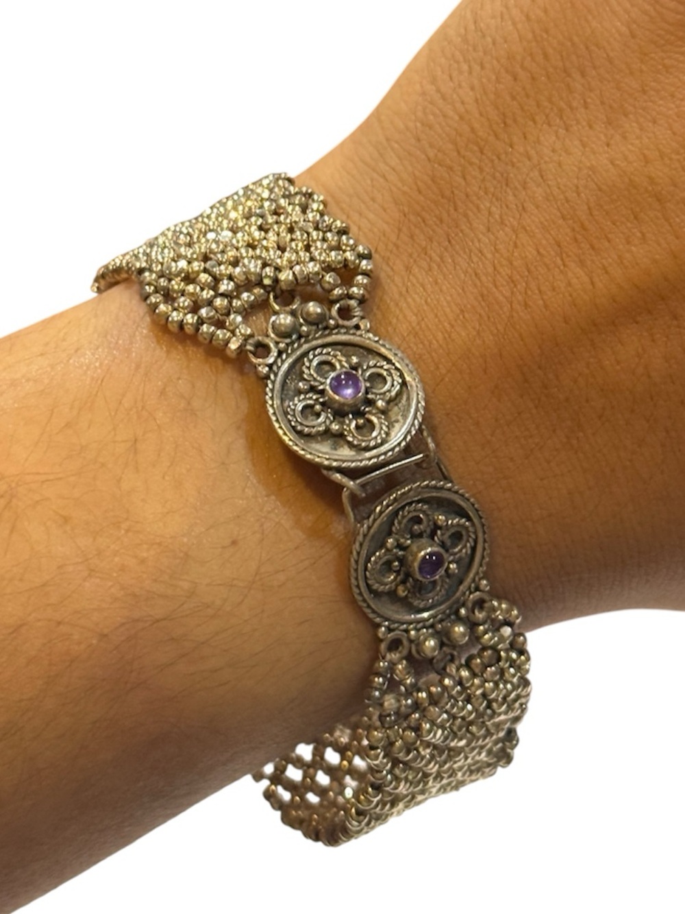 Silver Mesh Artisan Made Bracelet with Purple Amethyst Stones 925 Filigree Clasp